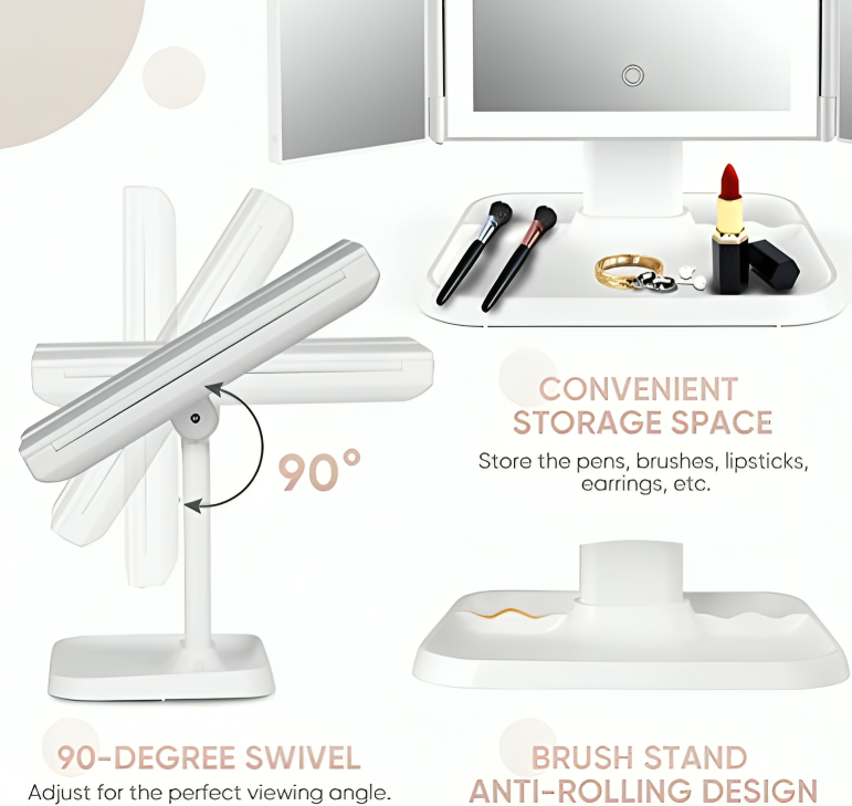 מראה LED מתקפל עם 3 פאנלים לאיפור מדויק