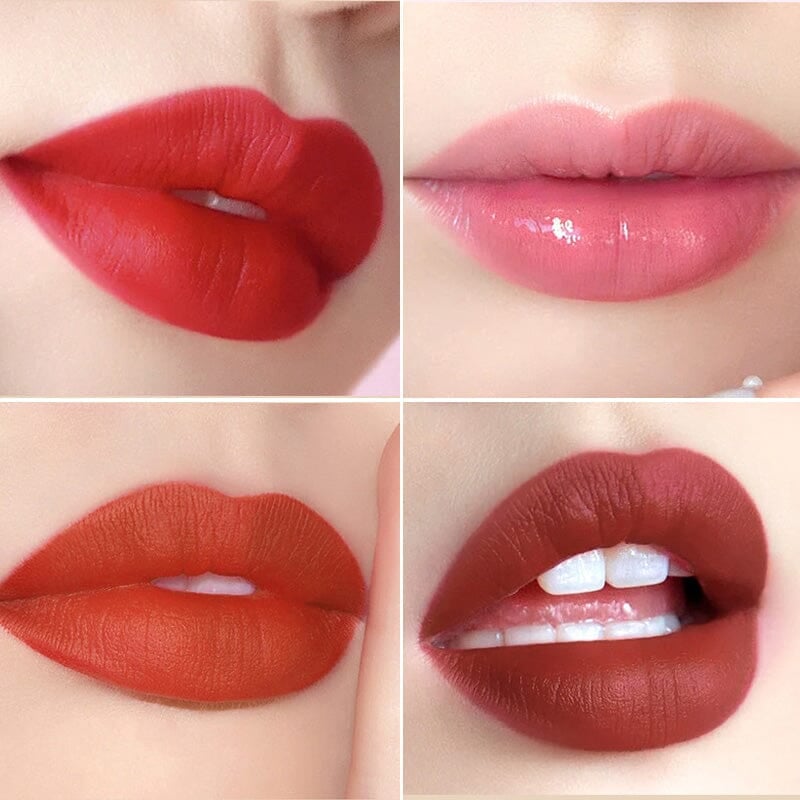 Labios mate rojos en estuche de bolso de mano elegante 