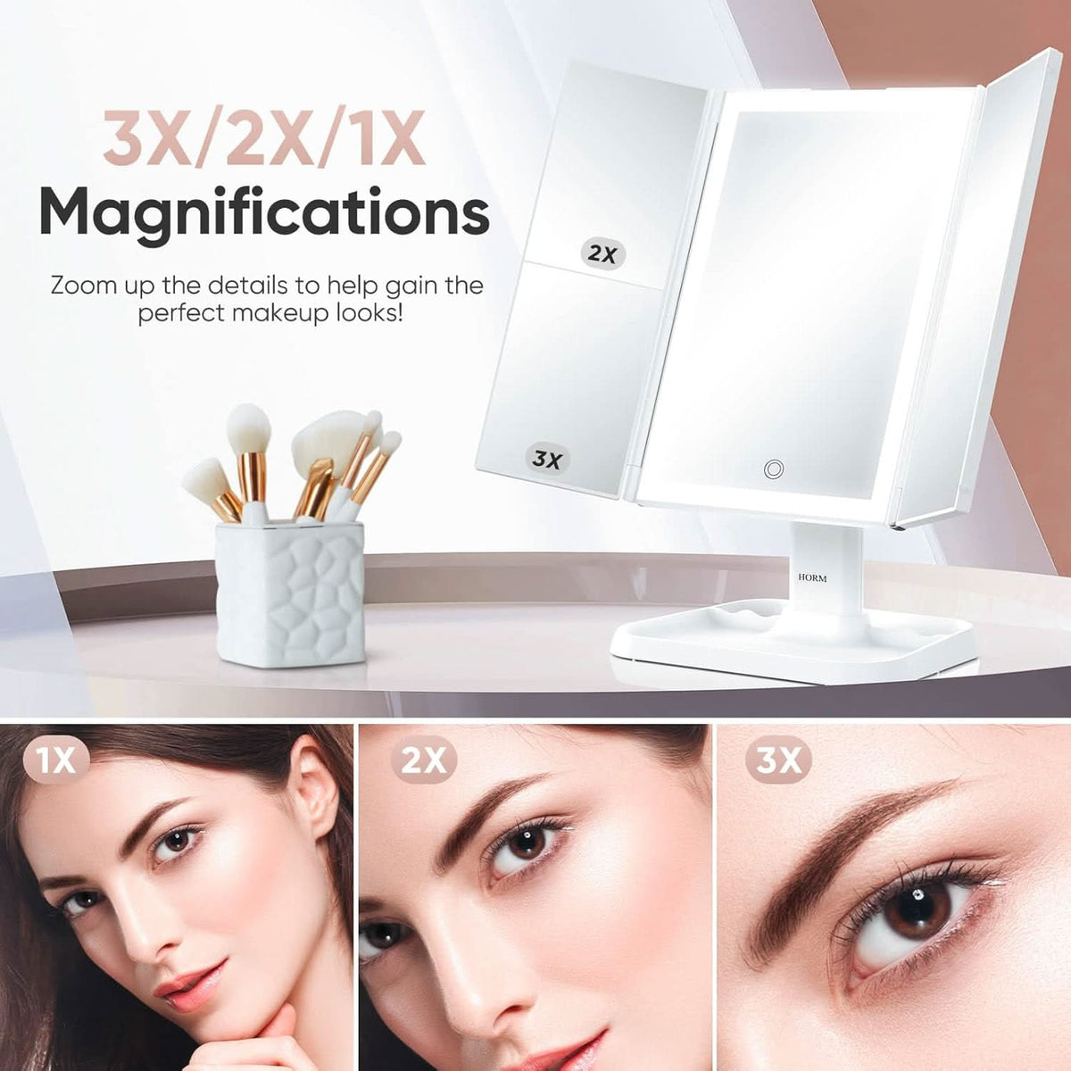 Opvouwbare LED-spiegel met 3 panelen voor nauwkeurige make-up 